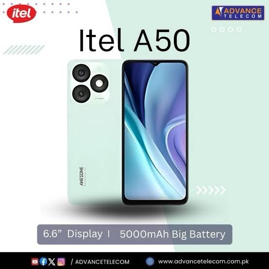 ITEL A50
3+5GO RAM / 128GO
ضمان 3 سنوات على système
	•	سنة ضمان كامل
	•	تصليح مجاني لمدة سنة